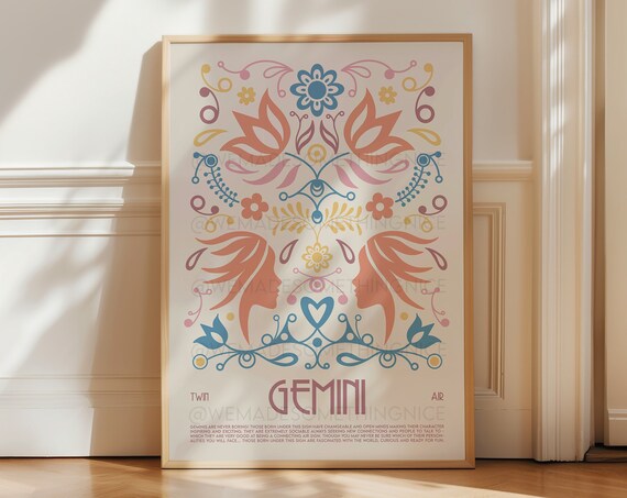 Gemini Horoscope Poster Print, Boho Zodiac Art