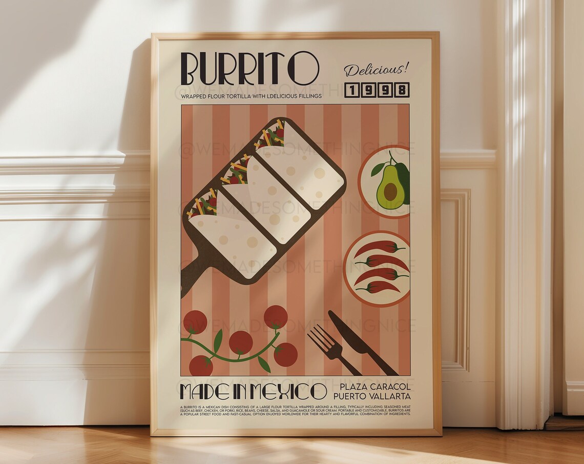 Burrito Poster, Retro Kitchen Wall Art