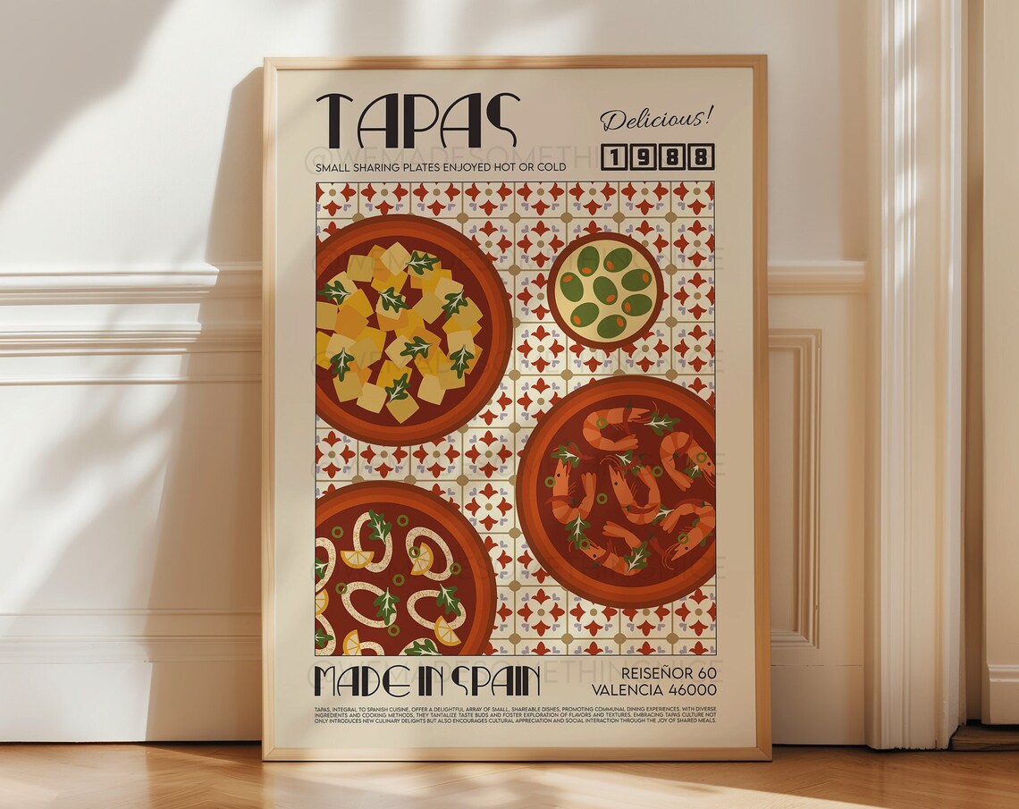 Tapas Retro Kitchen Poster, Spain Food Art