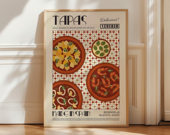 Tapas Retro Kitchen Poster, Spain Food Art