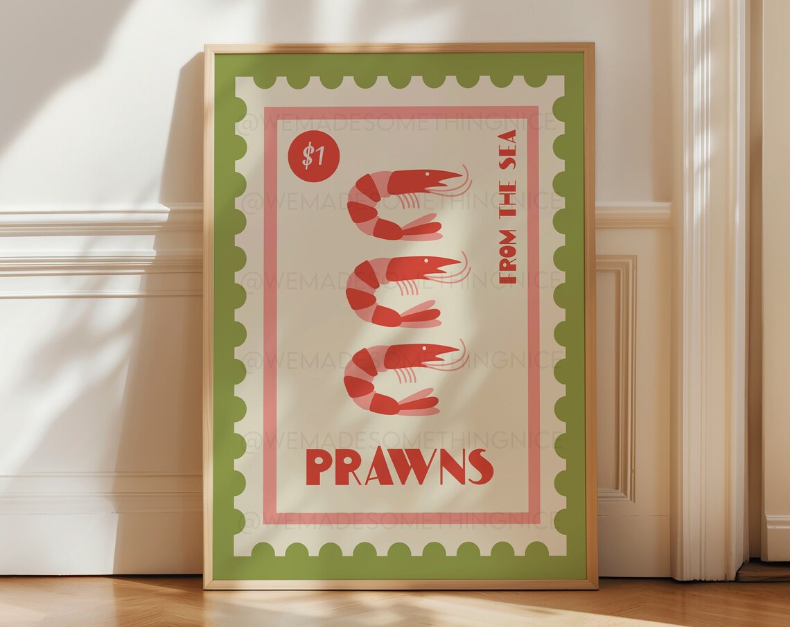 Prawns From The Sea Postage Stamp Retro Coastal Seafood Poster