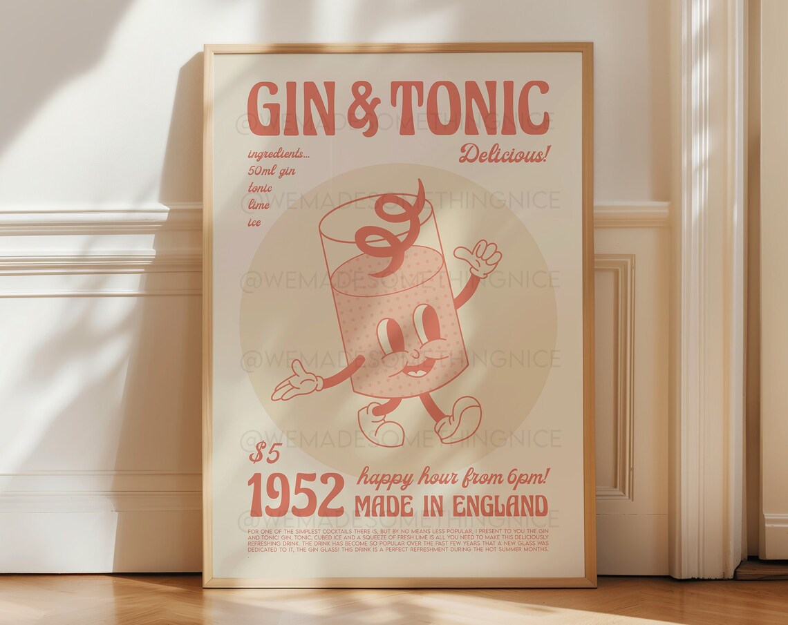 Gin And Tonic Print, Mid-Century Cocktail Poster