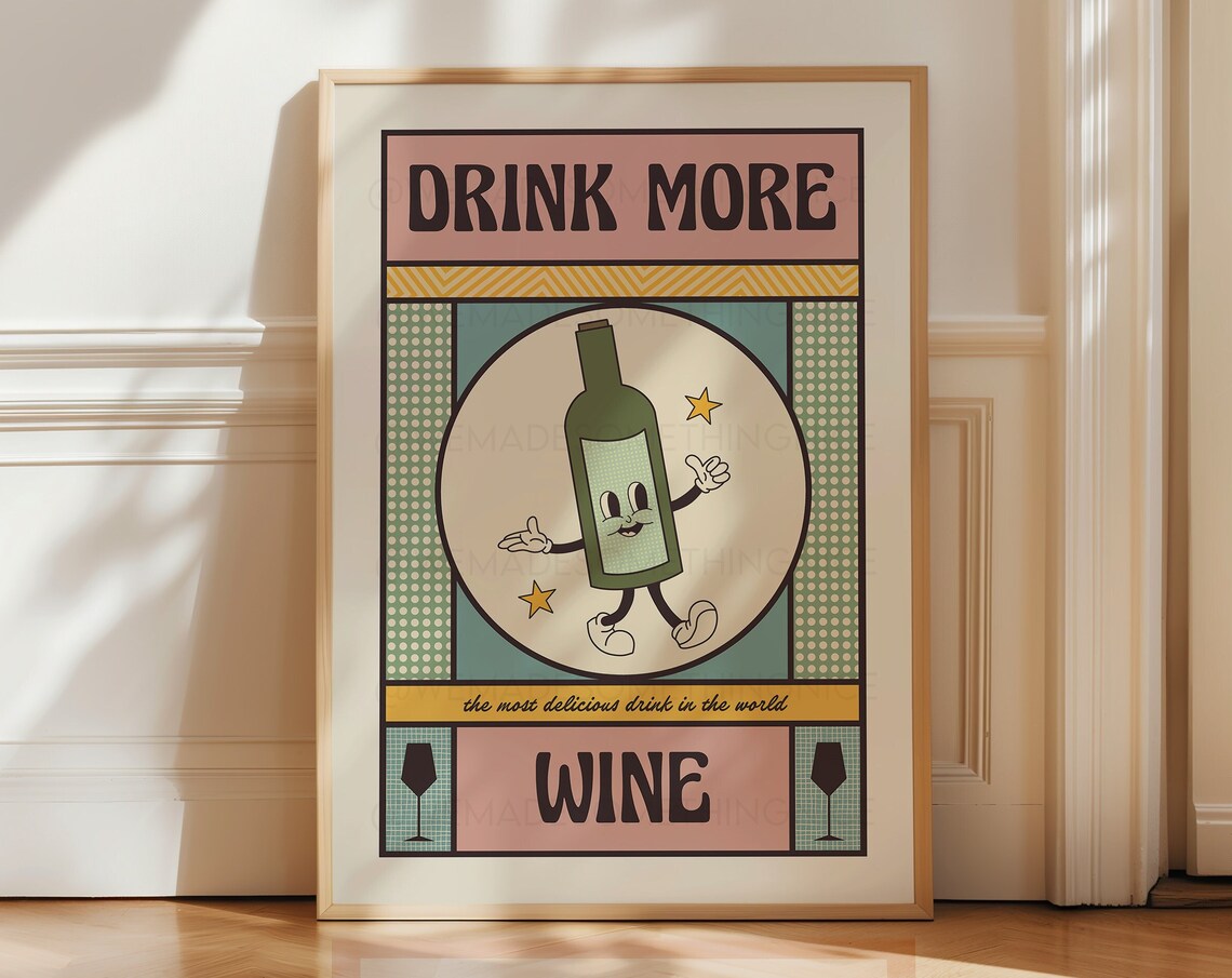 Wine Poster Kitchen Art, Retro Cocktail Wall Art Print
