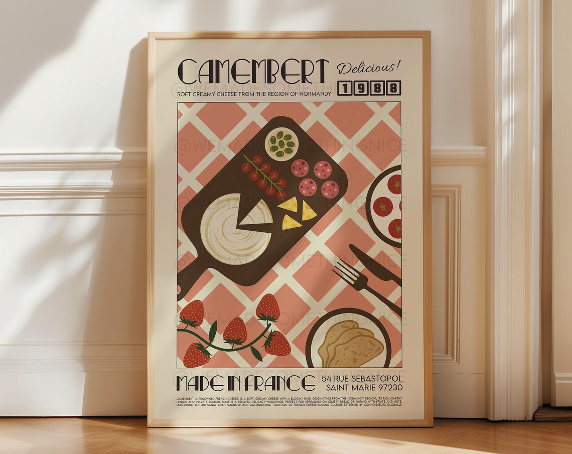 Cheese Poster Camembert Print, Retro Kitchen Art