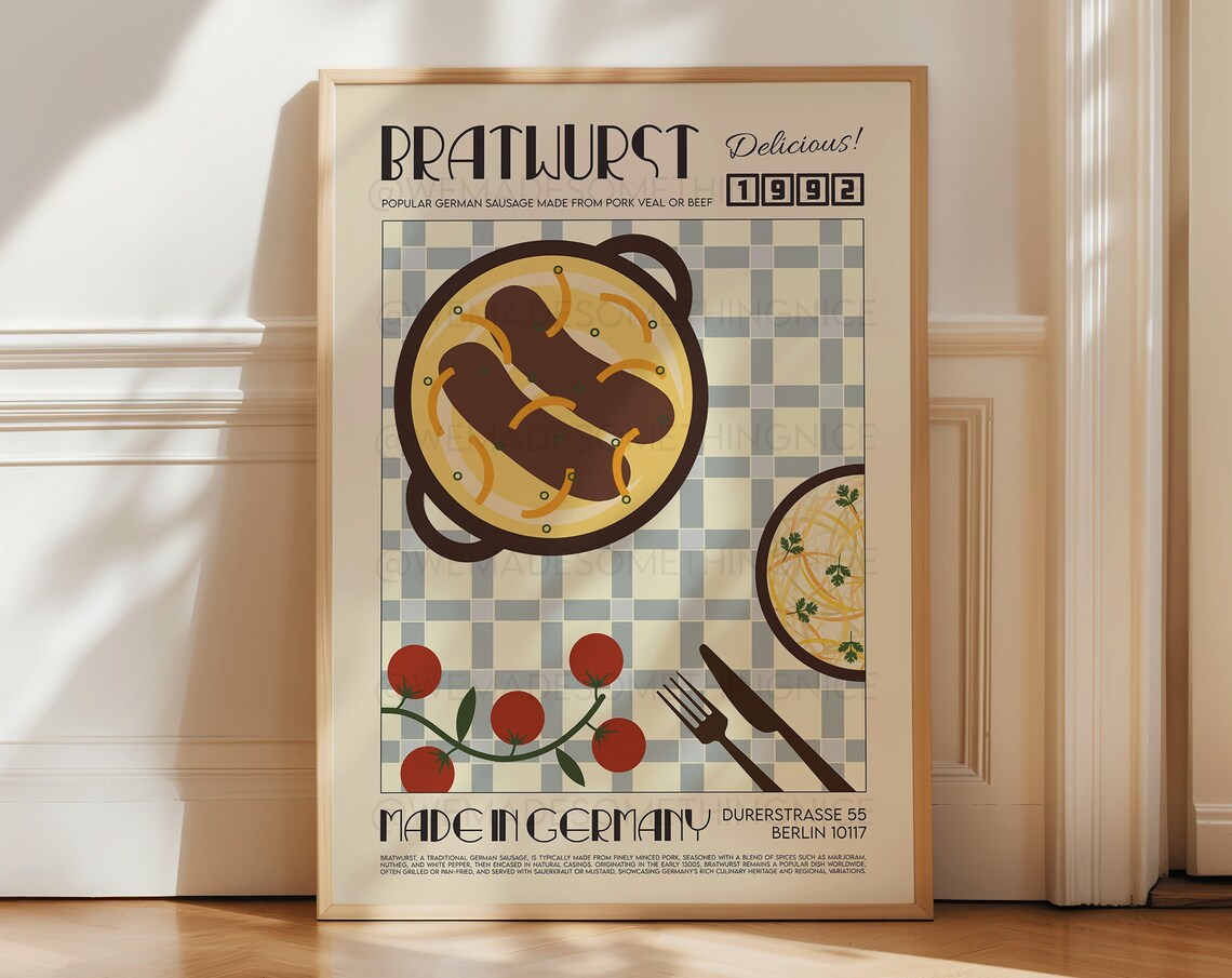 Bratwurst Retro Kitchen Poster, Pop Art Print