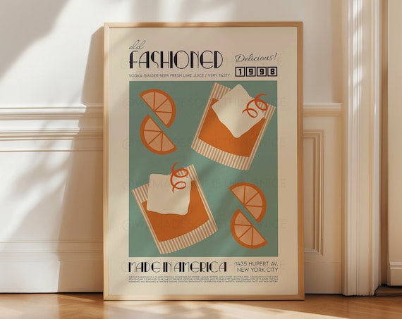 Old Fashioned Cocktail Poster, French Retro Kitchen Decor