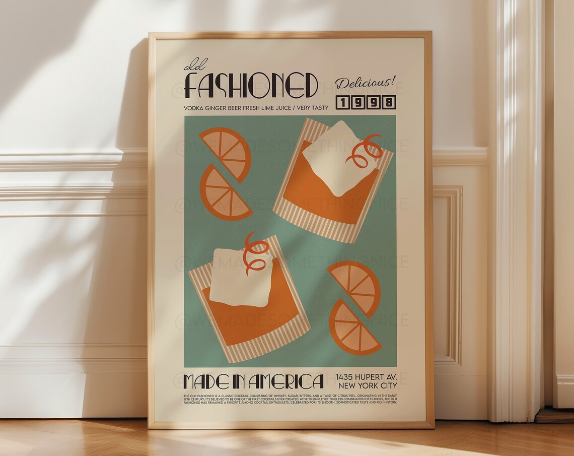Old Fashioned Cocktail Poster, French Retro Kitchen Decor