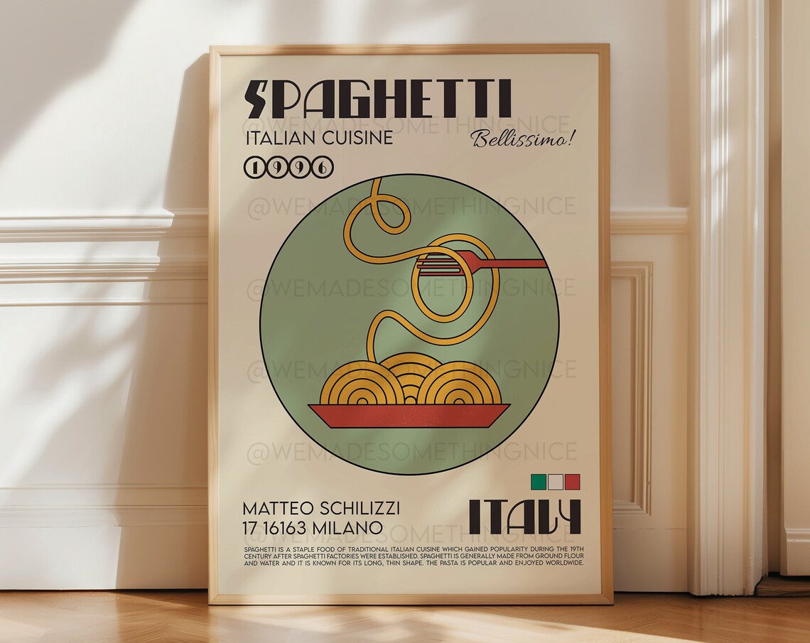 Spaghetti Poster, Retro Pasta Kitchen Wall Art