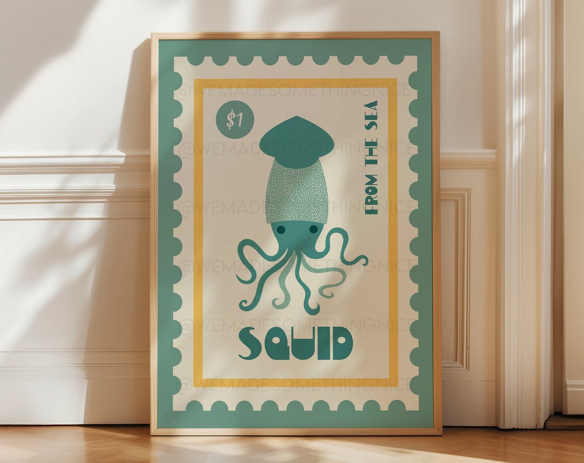 Squid From The Sea Retro Postage Stamp Teal Marine Kitchen Poster