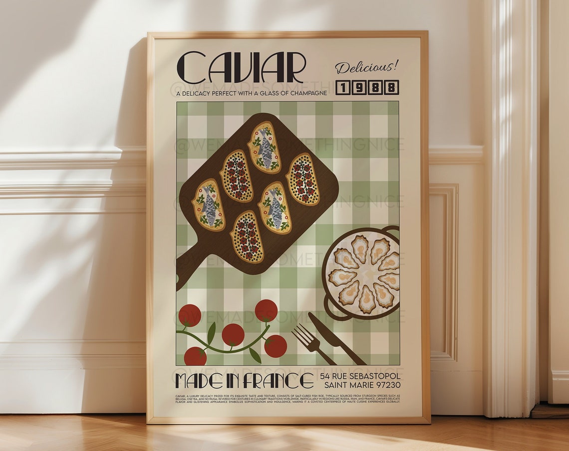 Caviar Delicious Made In France Retro Gingham Vintage Food Poster