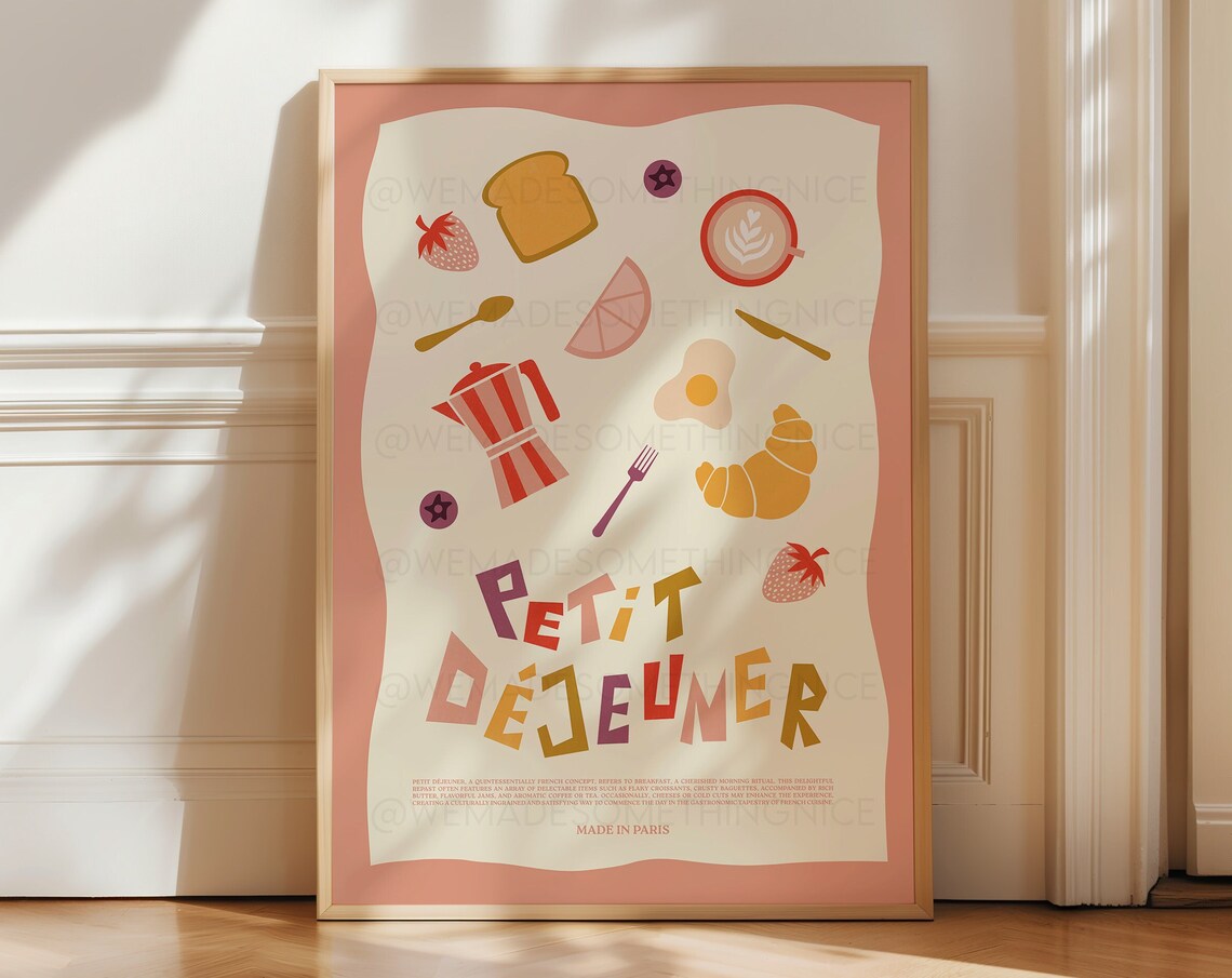 French Breakfast Croissant Poster, Retro Kitchen Art