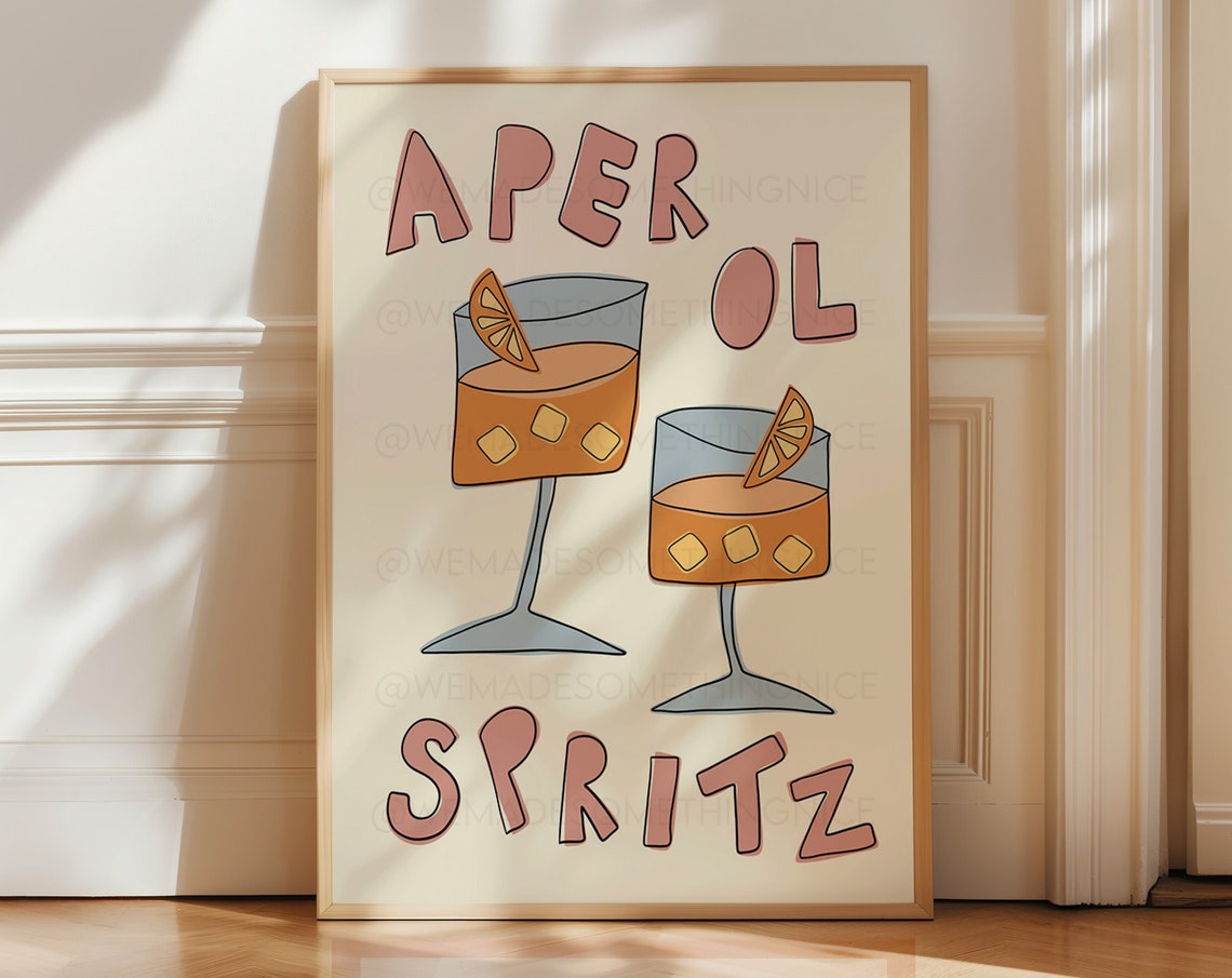 Aperol Spritz Two Glasses Retro Cocktail Illustration Poster