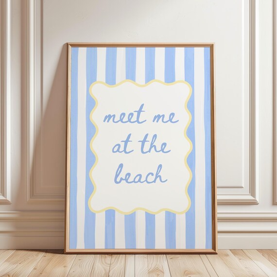 Meet Me At The Beach Blue Striped Coastal Script Summer Fun Art Poster