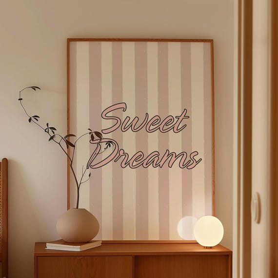 Sweet Dreams Art Print Soft Pink Stripes Girl Nursery Decor Vertical Coquette Room Cute Apartment Above Bed New Baby Gift