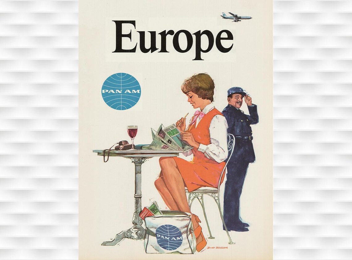 Pan Am Europe Vintage Travel Poster Cafe Woman Wine Airline Ad