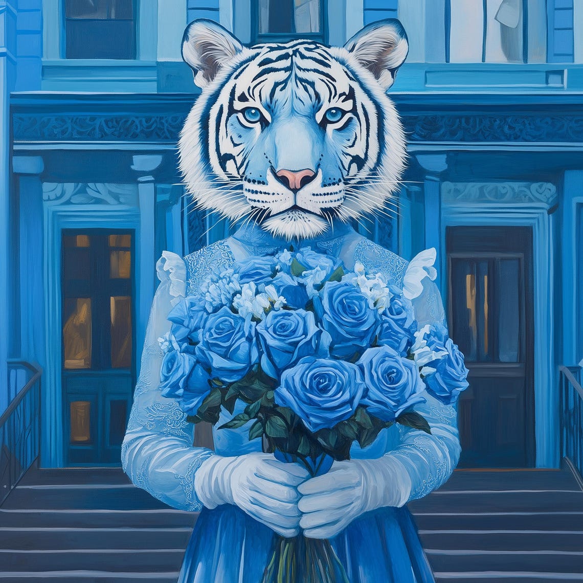 Surreal Blue Tiger Woman Poster White Tiger Holding Blue Roses Art - Image 3