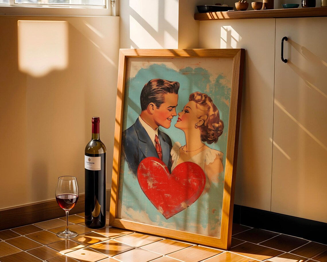 Vintage 1950s Couple Nose to Nose with Red Heart Retro Love Poster - Image 2