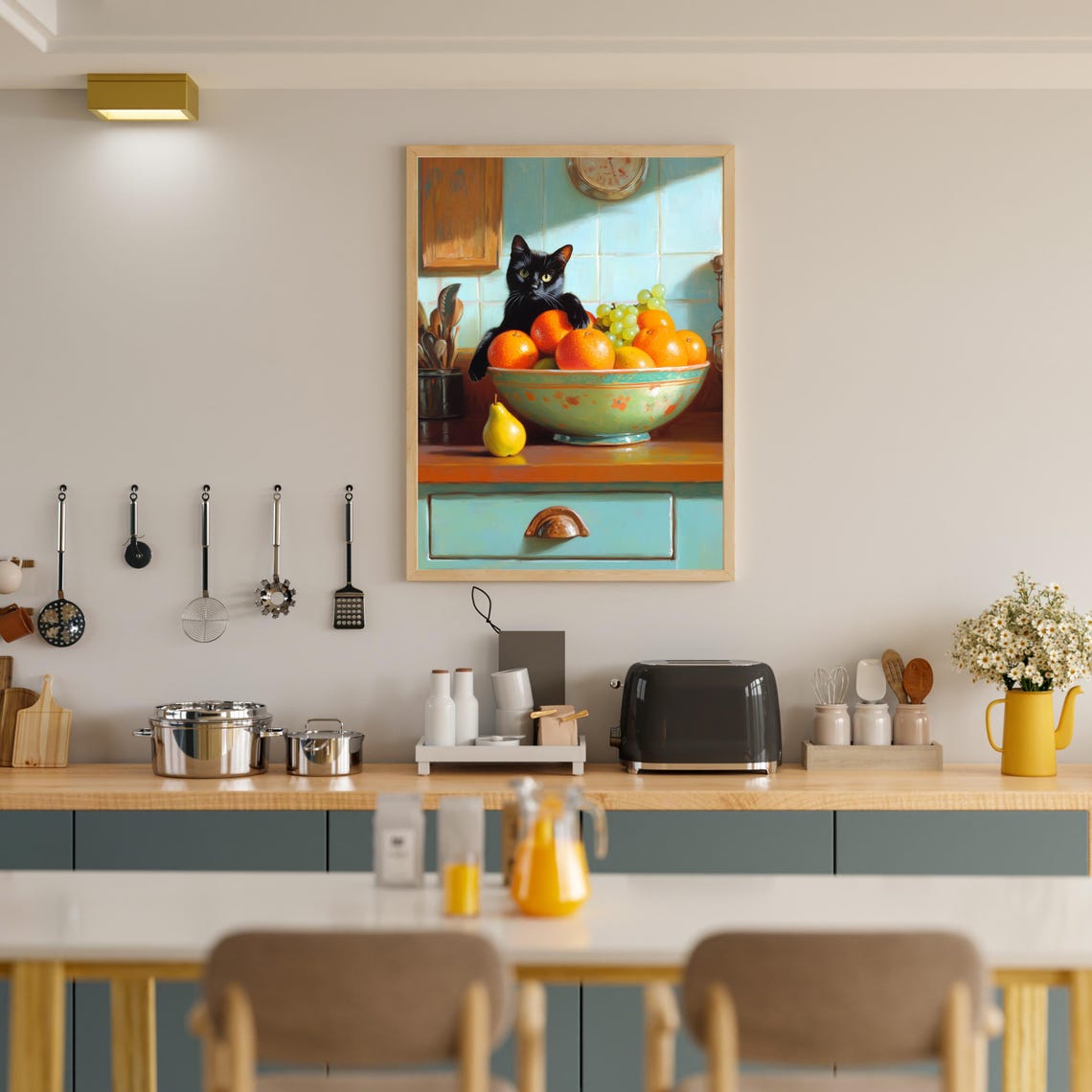 Charming Black Cat Guarding Fruit Bowl In Sunny Kitchen Poster - Image 2