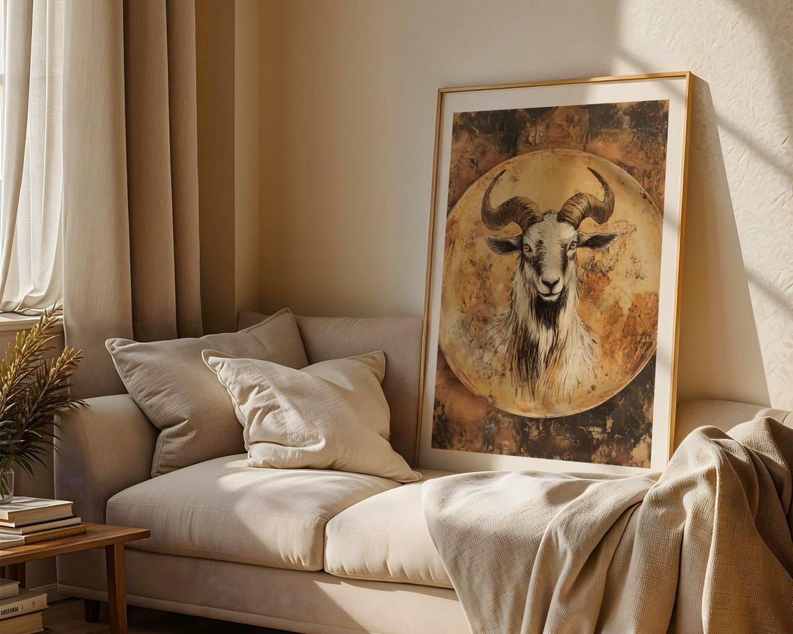 Rustic Goat Portrait Golden Moon Poster Horned Goat Vintage Farm Art - Image 2