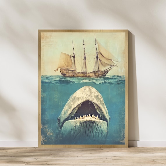 Whale Art Under The Sea Illustration Retro Sea Animals Crude Area The Whale Large And Ship Whale And Sail Art Whale Print Whaleposter