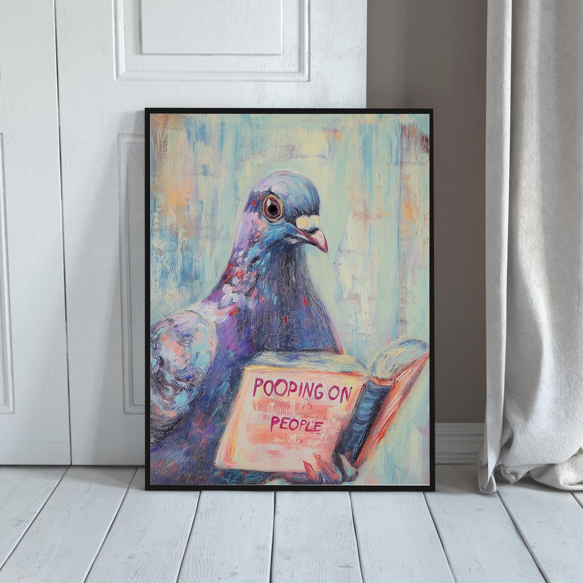 Funny Pigeon Reading Book Bathroom Poster Art - Image 2