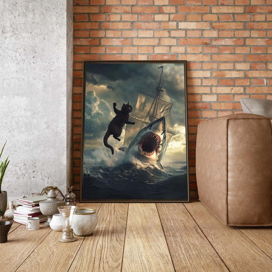 Black Cat in a Sea Battle With Shark Art Print - Image 2