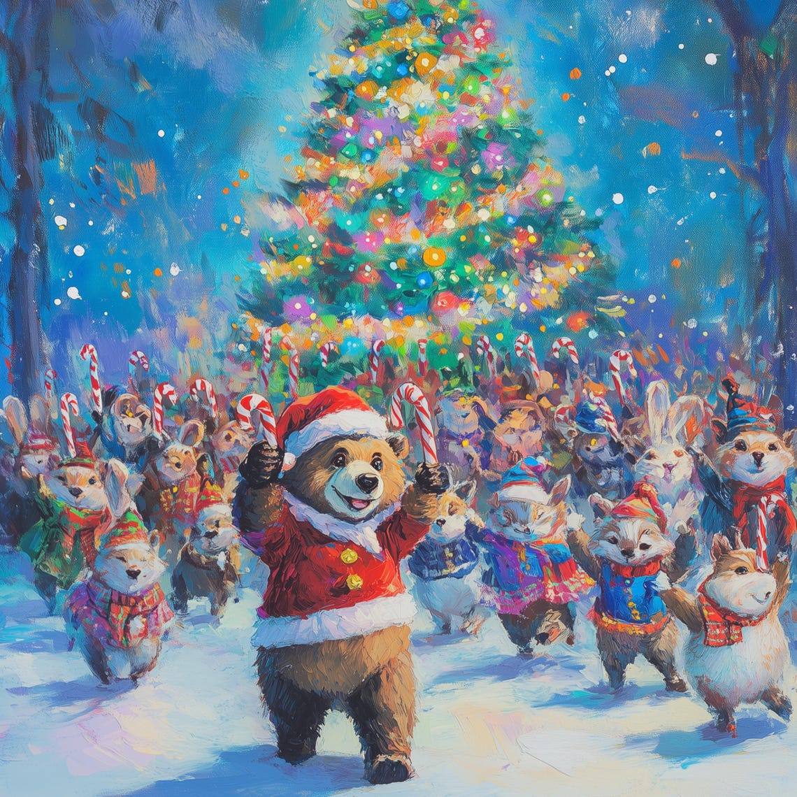 Animal Christmas Parade Poster Santa Bear Candy Canes Tree Night Art - Image 3