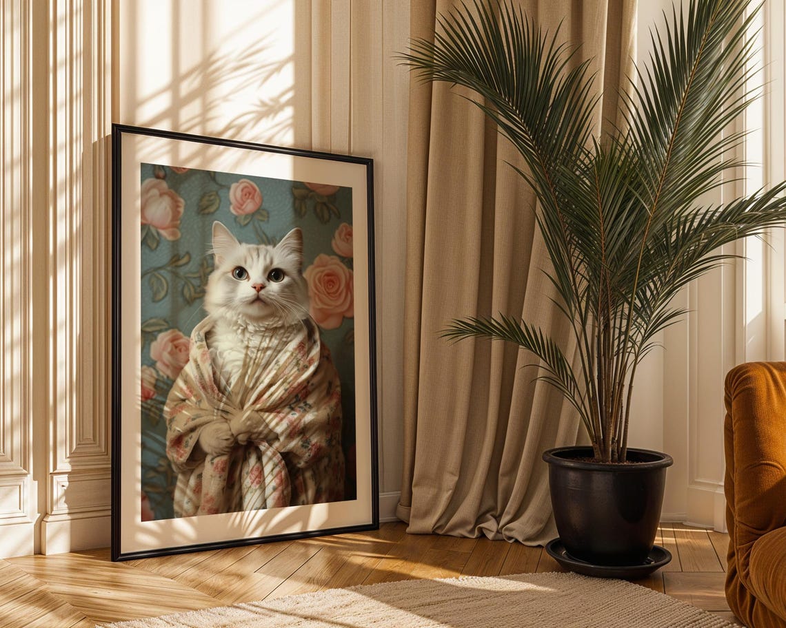White Cat In A Floral Bathrobe Cute Vintage Rose Wallpaper Pet Poster - Image 2