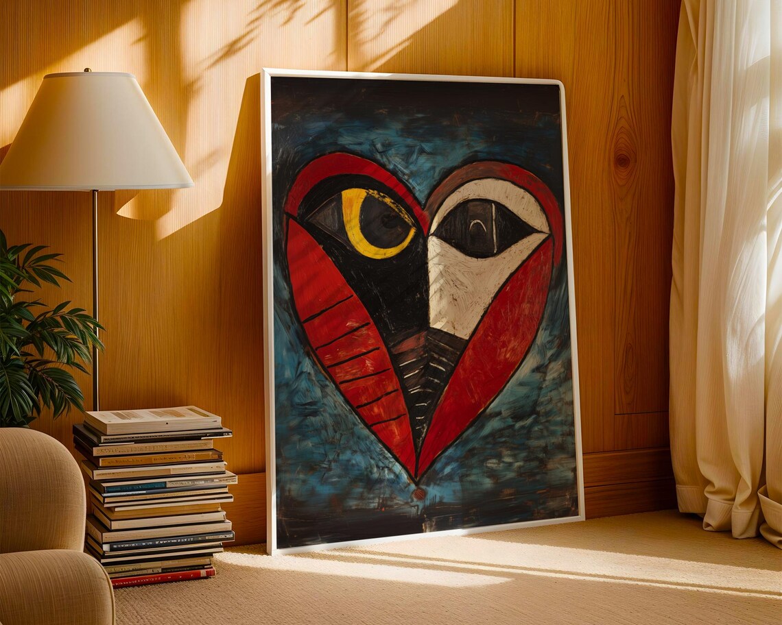 Cubist Heart with Big Eyes Red Black Picasso Style Modern Art Poster - Image 3