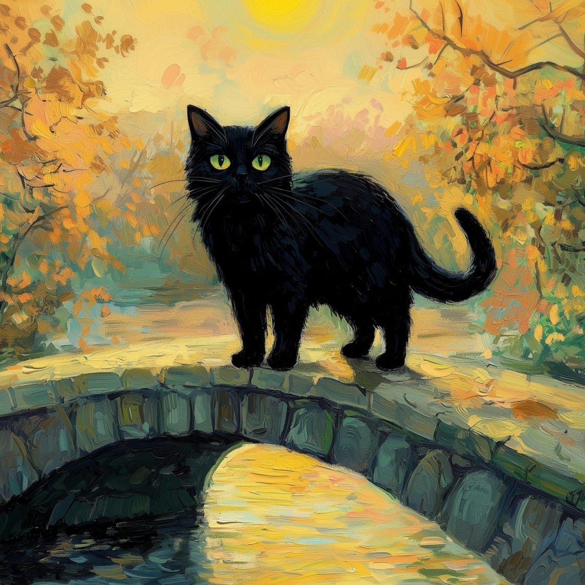 Black Cat Crossing a Stone Bridge in Golden Autumn Forest Poster - Image 2
