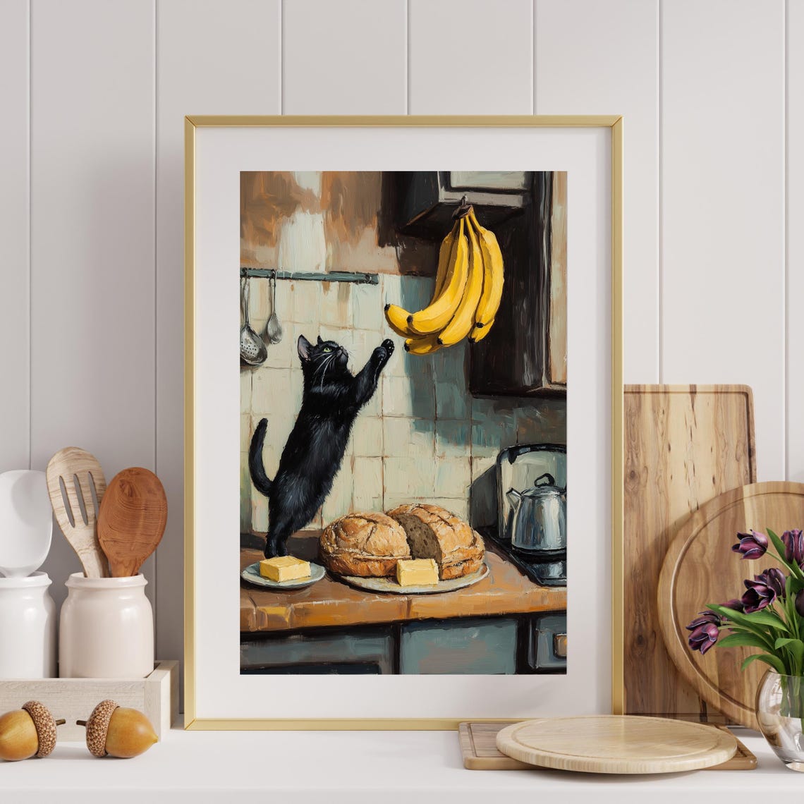 Mischievous Black Cat Reaching For Bananas Rustic Kitchen Poster - Image 2