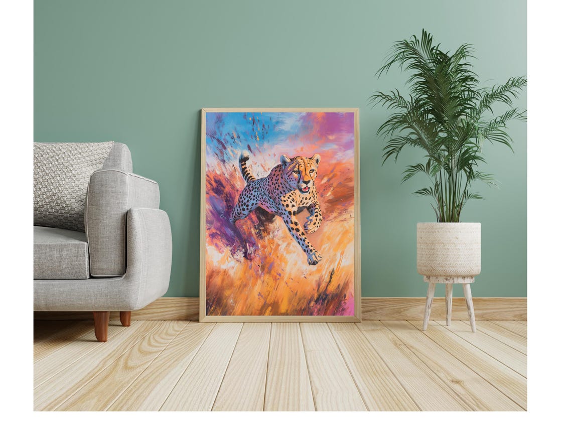 Dynamic Cheetah Sprinting Through Bold Colorful Safari Poster - Image 2