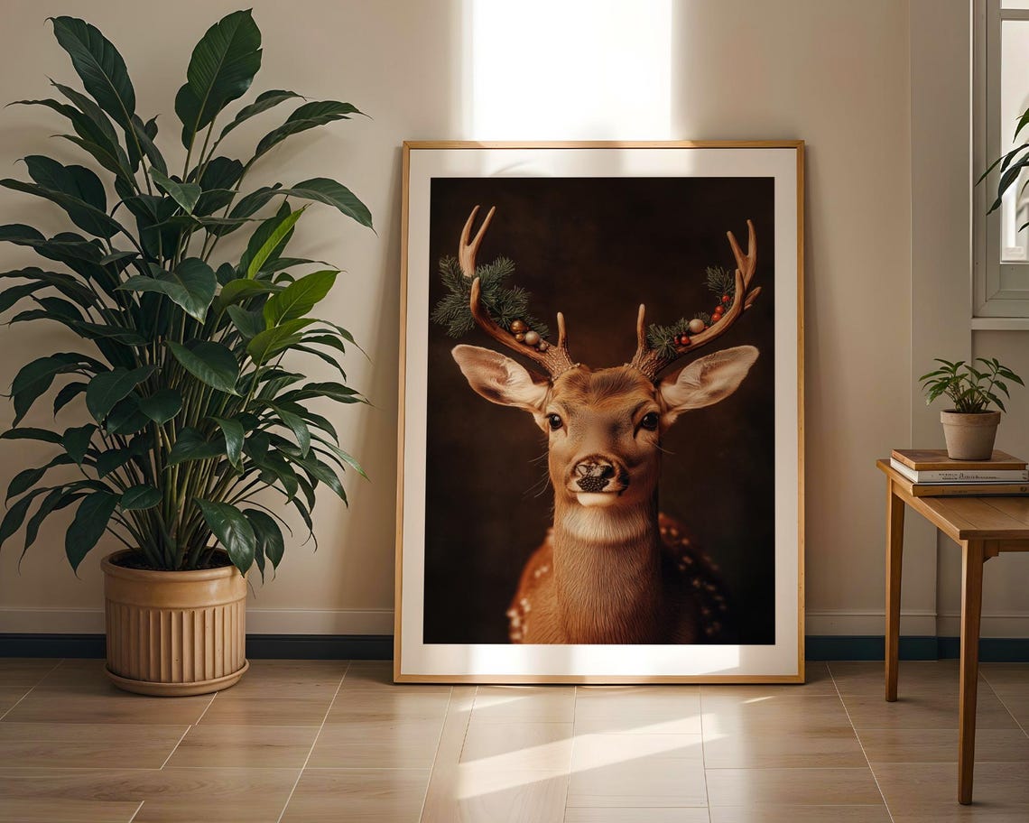 Deer With Decorated Christmas Antlers Vintage Holiday Reindeer Poster - Image 2