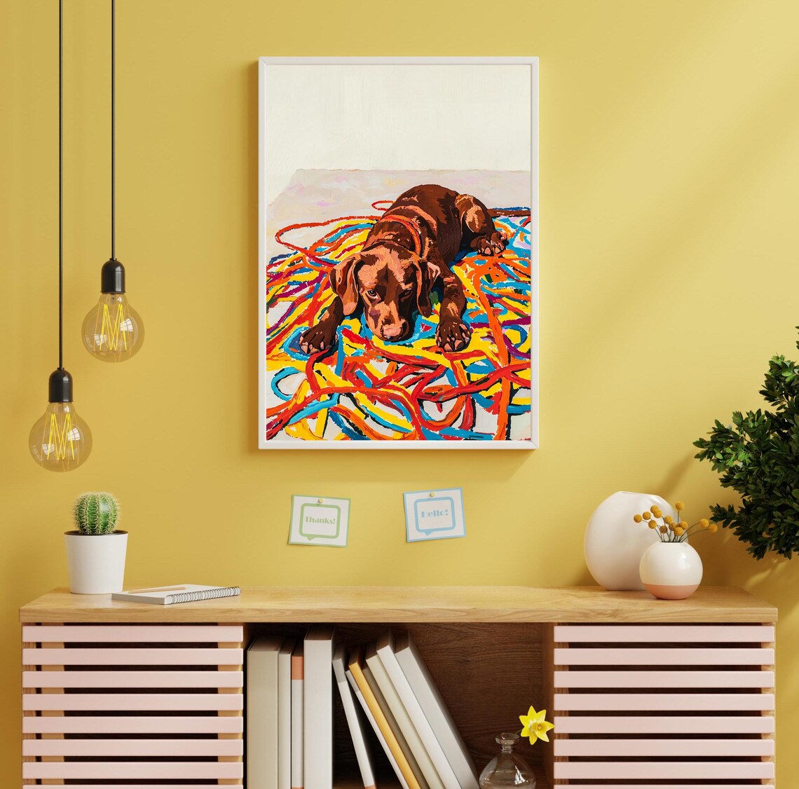 Playful Chocolate Dog Tangled In Bright Colorful Ribbons Poster - Image 3