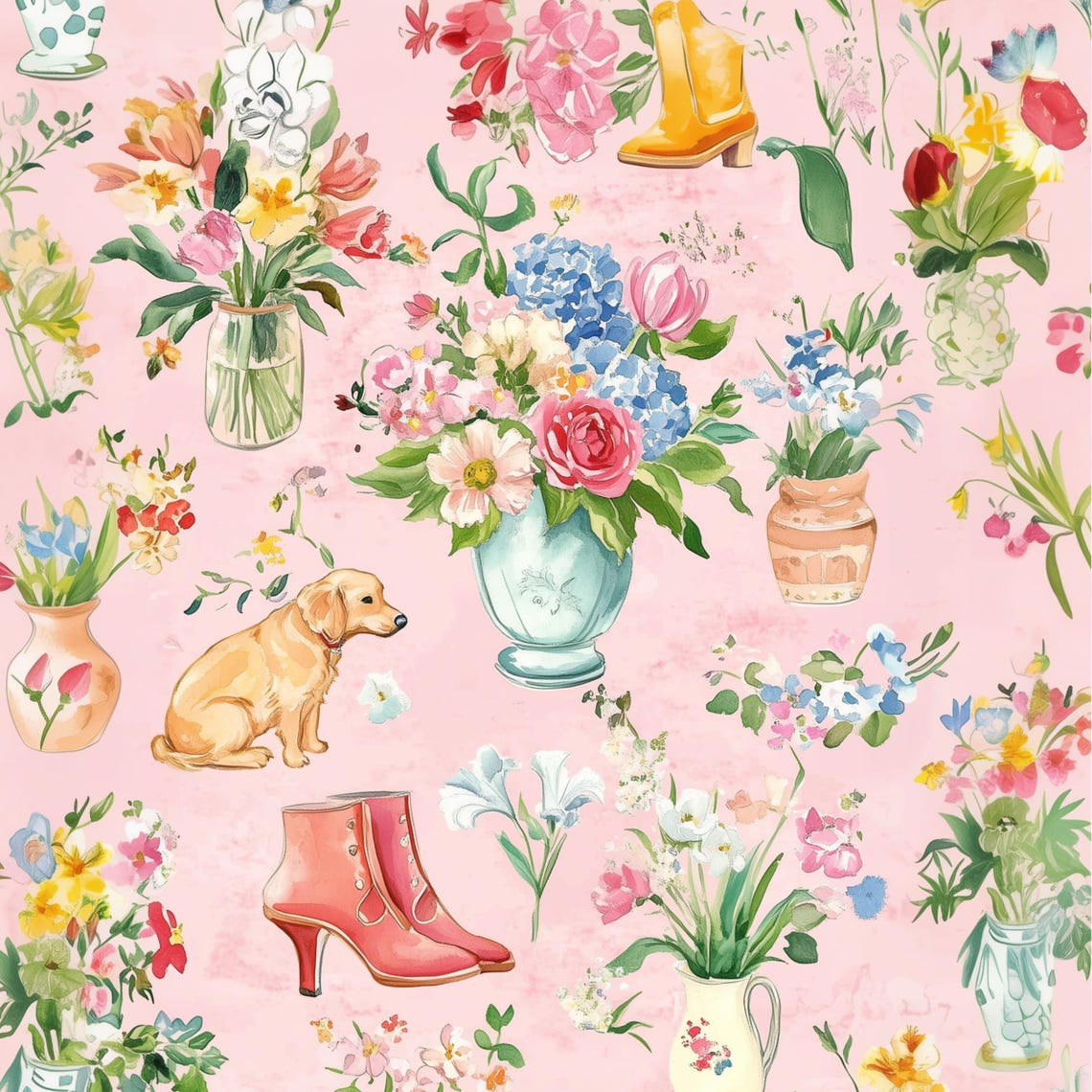 Pink Floral Collage Bouquets Puppy Boots Botanical Pattern Poster - Image 3