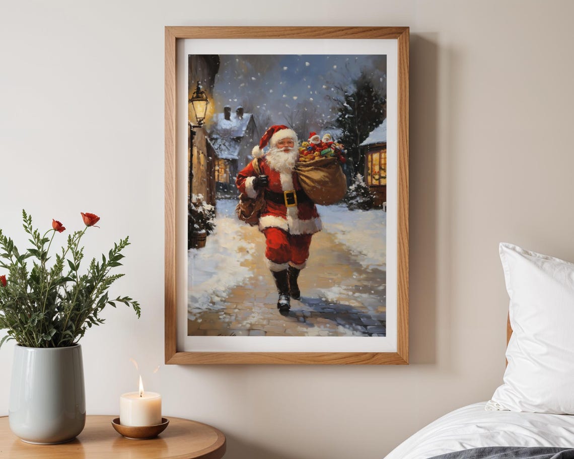 Santa Claus Christmas Wall Art Cozy Christmas Santa Painting Classic Santa Claus Painting Holiday Wall Art Santa Print - Image 2