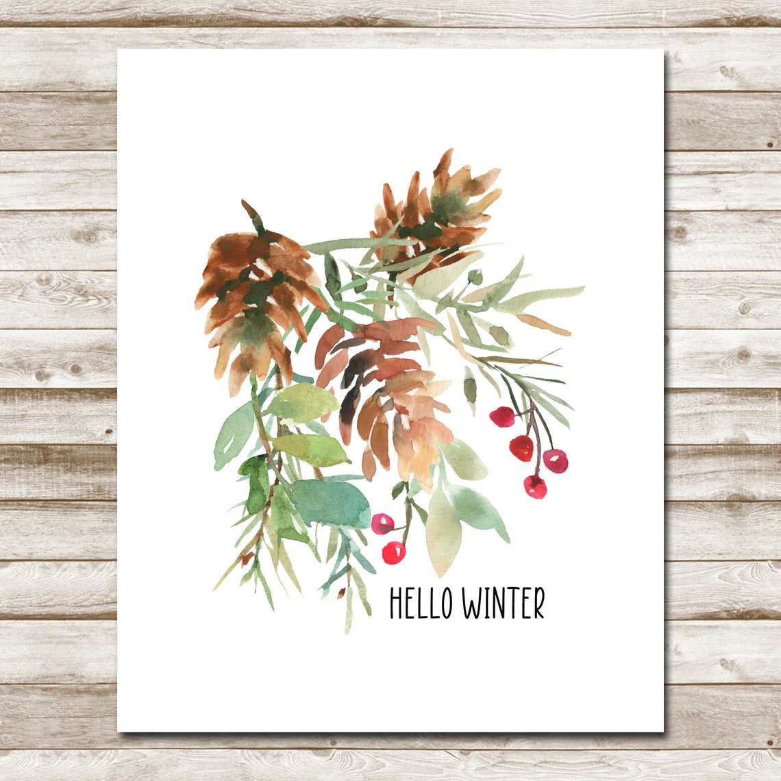 Hello Winter Pine Cone Eucalyptus Berry Watercolor Botanical Poster - Image 10
