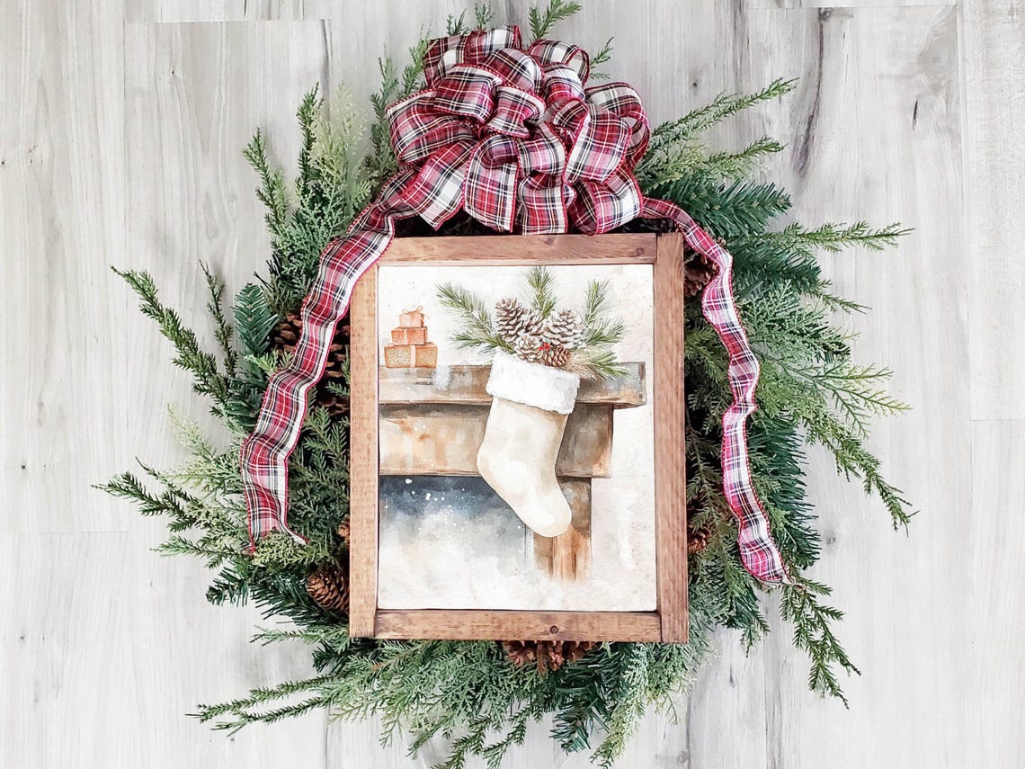 Farmhouse Christmas Stocking Mantel Pinecones Watercolor Poster - Image 2