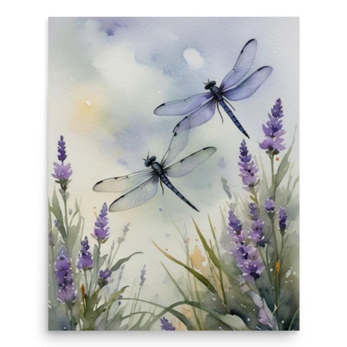 Dragonfly Pair and Lavender Meadow Watercolor Art Print
