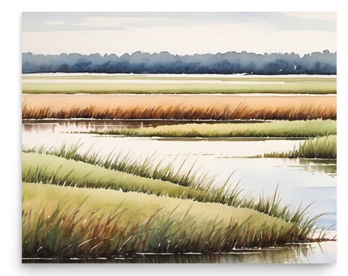 Louisiana Marsh Grass Water Watercolor Panoramic Wetland Art Poster