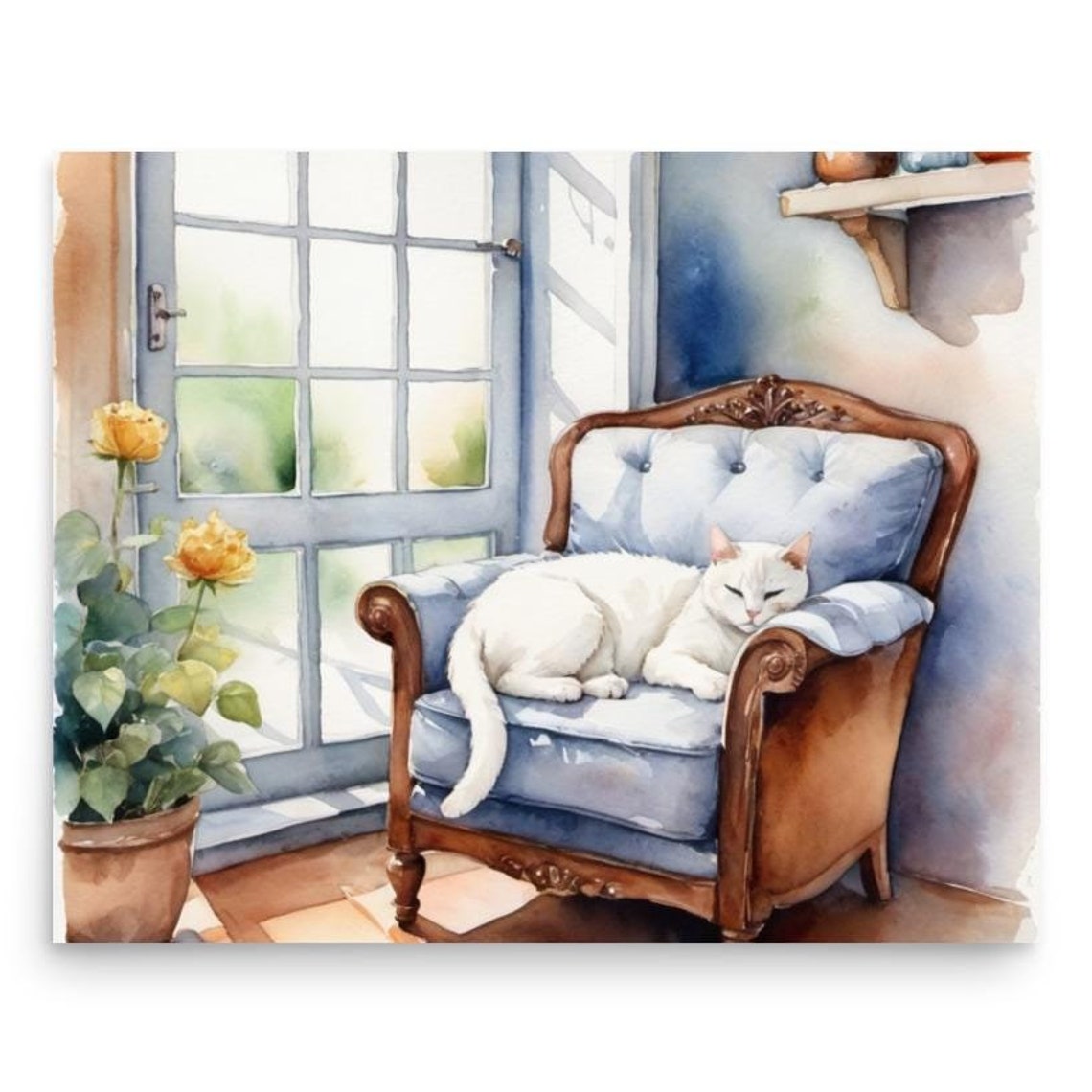 White Cat Napping On A Blue Armchair By The Window Watercolor Poster