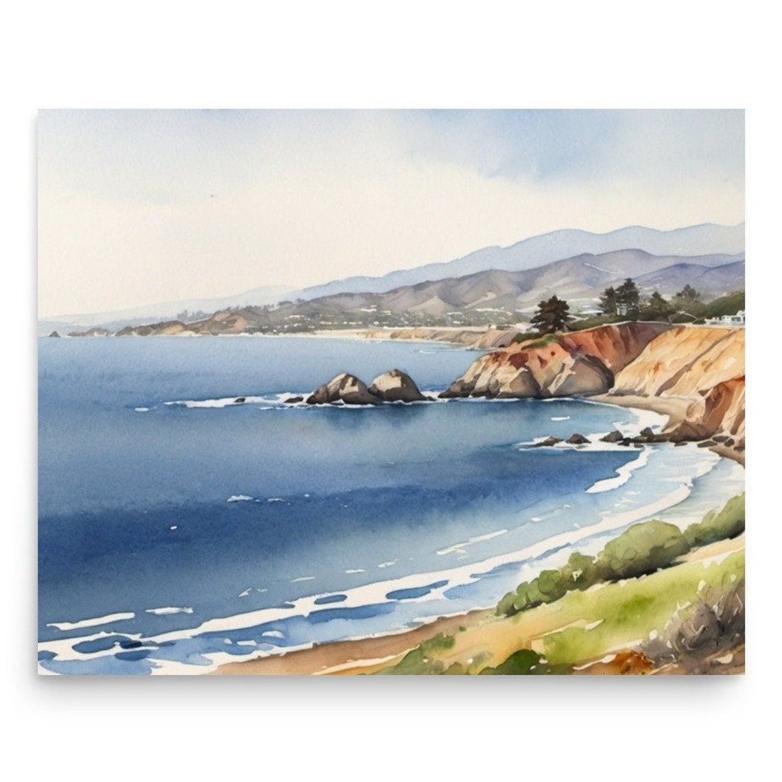 California Rocky Coastline With Waves And Cliffs Watercolor Poster