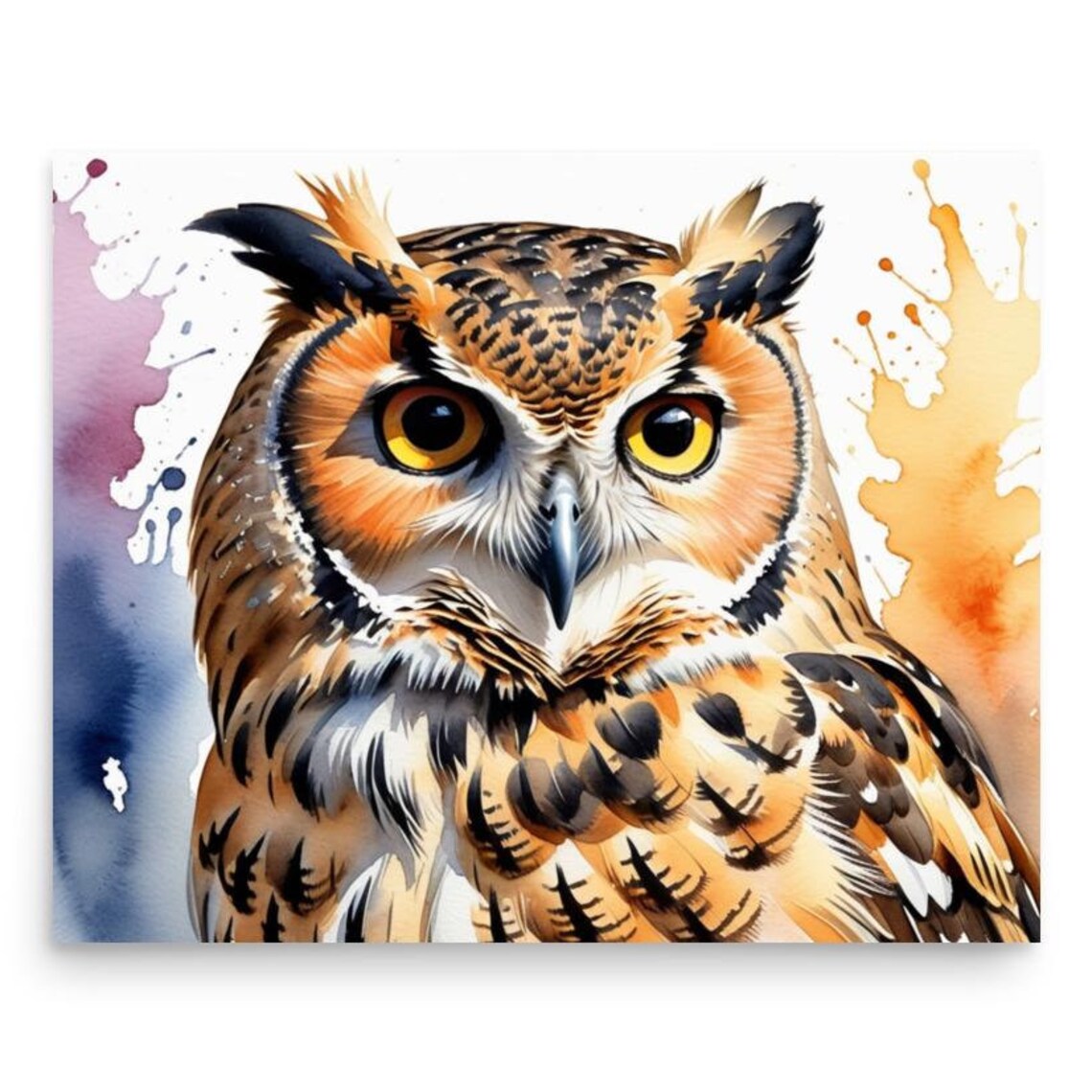 Great Horned Owl Portrait With Piercing Yellow Eyes Watercolor Poster