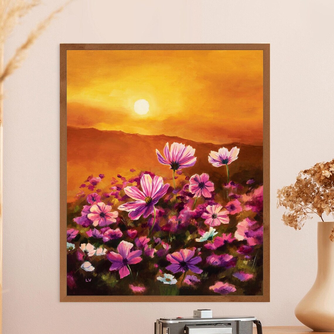 Cosmos Field Golden Sunset Pink Wildflower Meadow Oil Painting Poster
