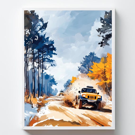 Rally Car Muddy Forest Painting Energetic Adventure Wall Art