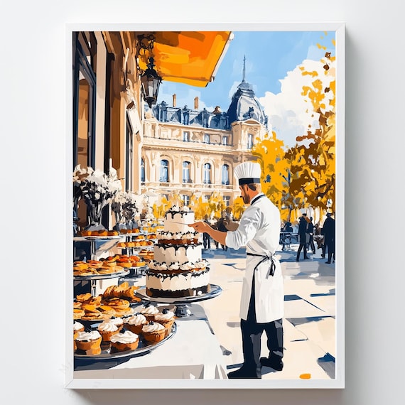 Pastry Chef Cake Decorating Painting European Cafe Scene Poster