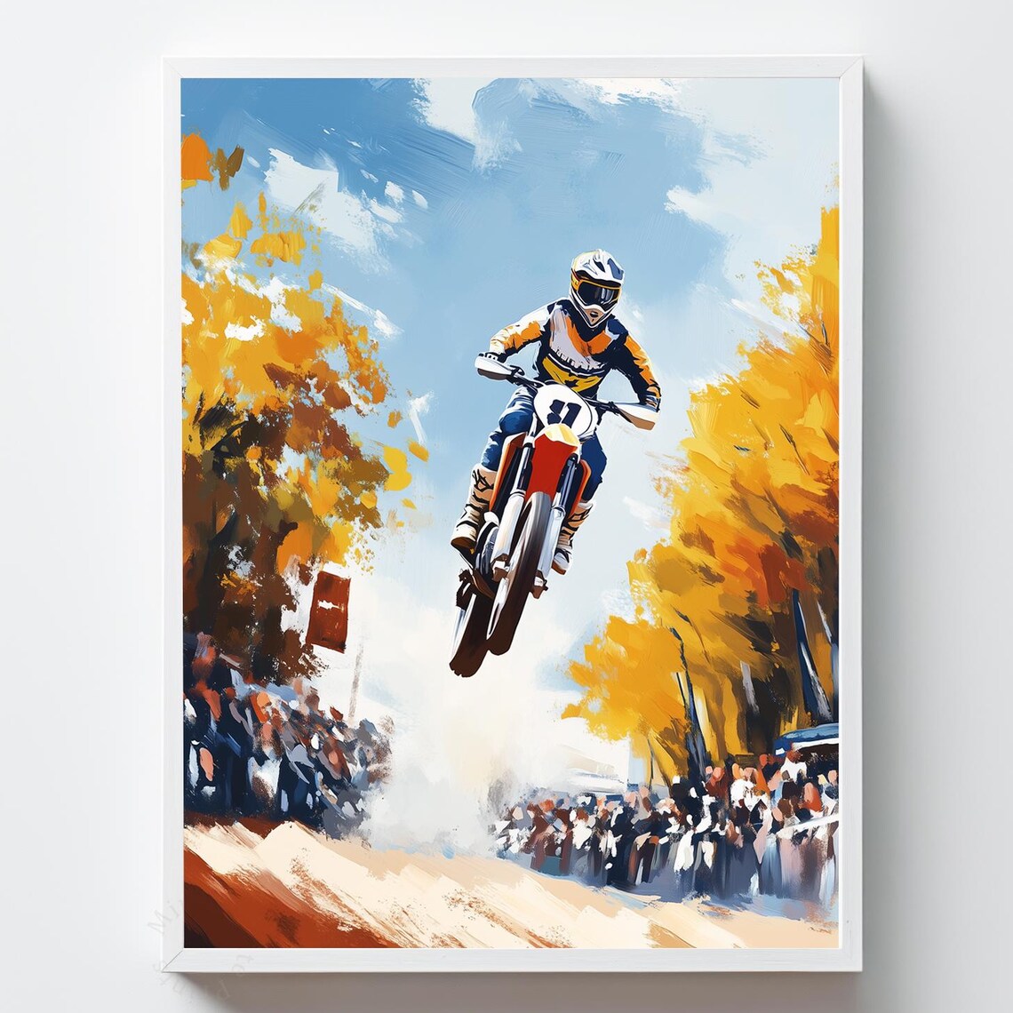 Motocross Rider Airborne Jump Autumn Trees Race Crowd Art Print