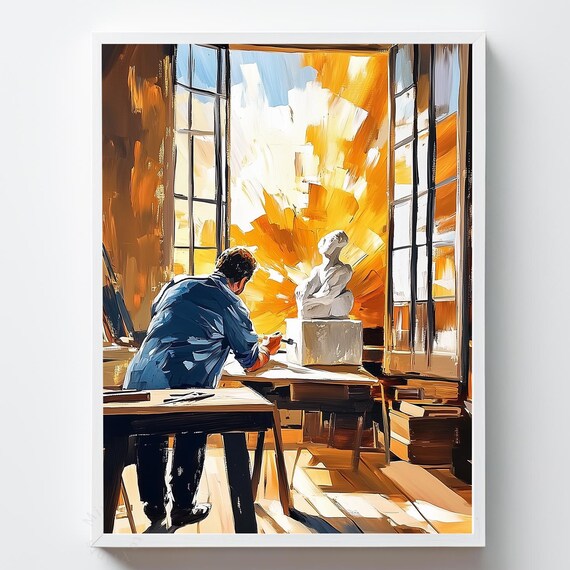 Sculptor At Work Marble Bust Studio Painterly Artisan Art Poster