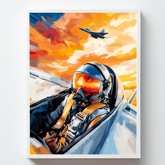 Fighter Pilot Cockpit Painting Jet Sunset Dramatic Aviation Poster