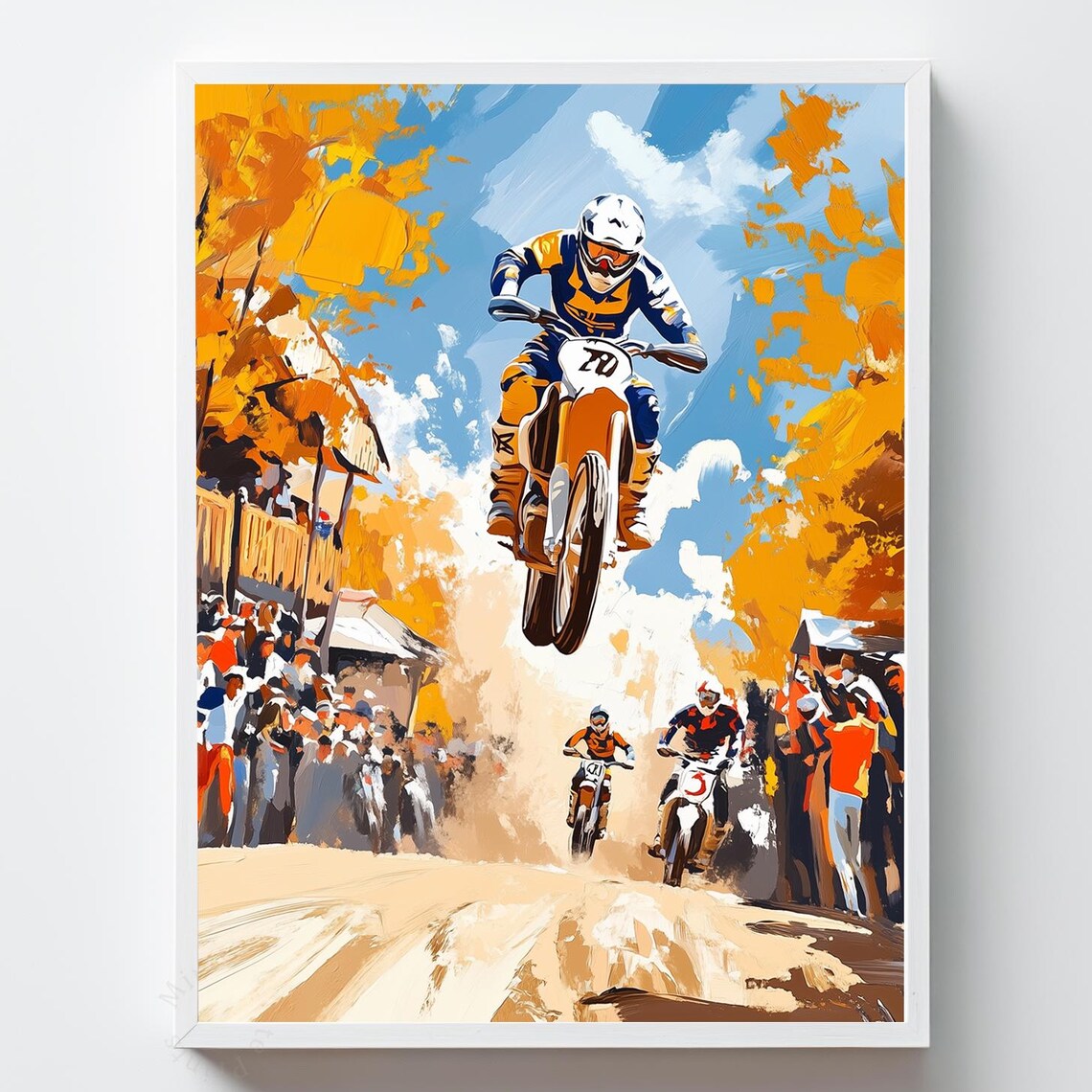 Motocross Race Riders Jump Dust Cloud Crowd Action Oil Art Print
